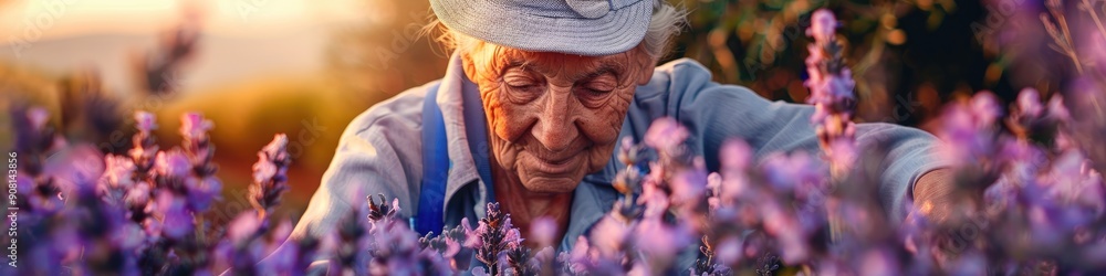 Old female farmer harvesting and processing lavender flowers to make fragrant spices and desserts Old female farmer harvesting and processing lavender flowers to make fragrant spices and desserts