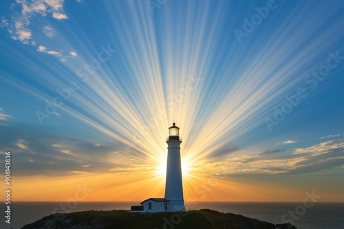 The Stunning Lighthouse at Sunset Surrounded by Beautiful Rays of Light and Colorful Skies. A beautifully picturesque lighthouse stands tall against a breathtaking and vibrant sunset backdrop in sky