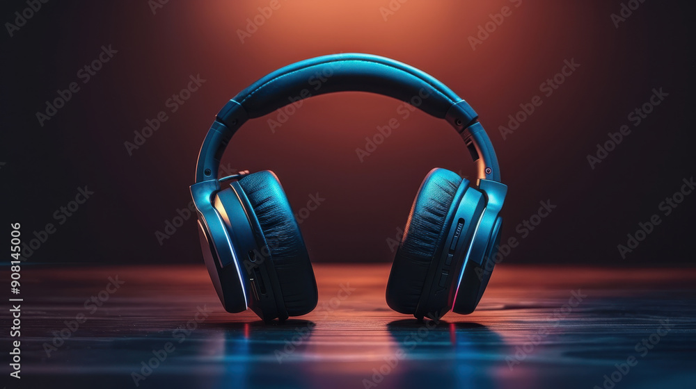 Modern wireless headphones with led lighting on wooden surface in dark ambient setup Modern wireless headphones with led lighting on wooden surface in dark ambient setup
