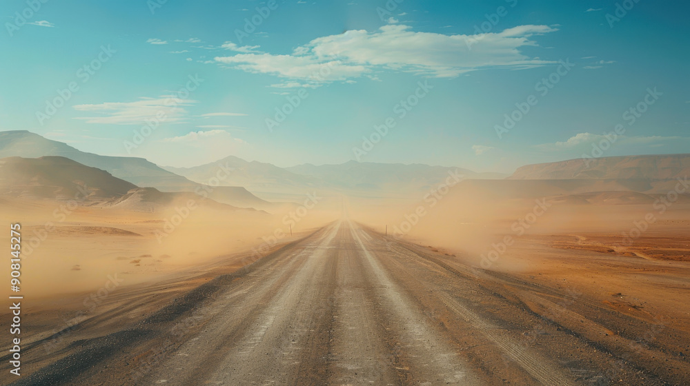 Desert road amidst sandstorm and mountains under blue sky Desert road amidst sandstorm and mountains under blue sky