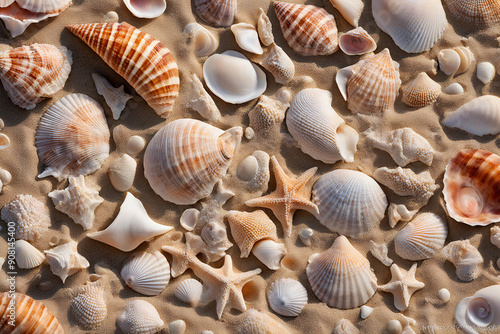 Artistic seashell arrangement on sandy shore, morning sunlight highlights varied shapes, sizes, and colors, with waves washing up