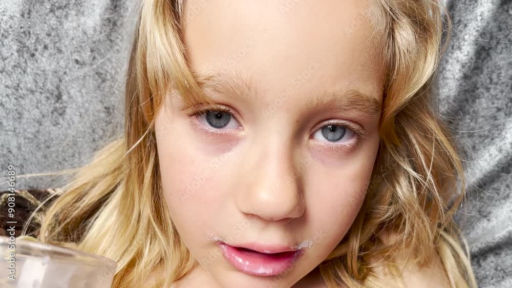 An eight-year-old girl drinks milk from a glass. Close-up view of a child drinking milk from a glass. High quality 4k footage An eight-year-old girl drinks milk from a glass. Close-up view of a child drinking milk from a glass. High quality 4k footage