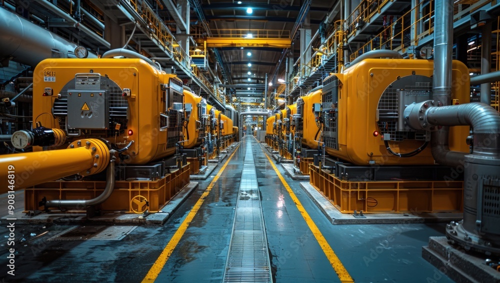 A large yellow commercial generator set up in an industrial building. A large yellow commercial generator set up in an industrial building.