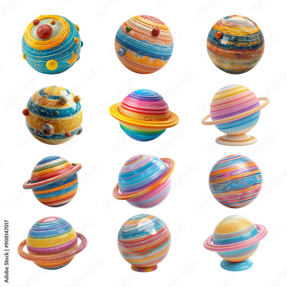 Colorful Marbled Planets Set Isolated on Transparent Background Colorful Marbled Planets Set Isolated on Transparent Background