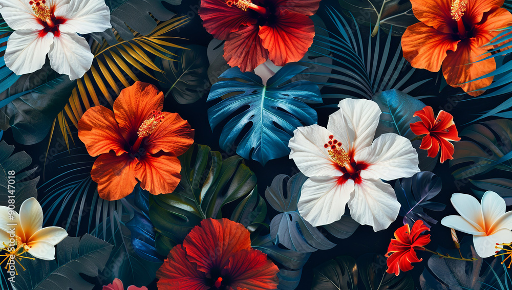 A vibrant pattern of hibiscus flowers and palm leaves in red, orange, white, and blue colors on dark background, showcasing the beauty of tropical floral designs. A vibrant pattern of hibiscus flowers and palm leaves in red, orange, white, and blue colors on dark background, showcasing the beauty of tropical floral designs.