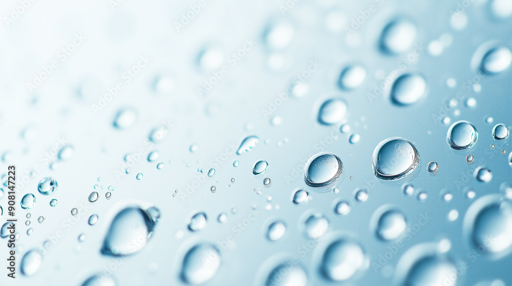 A macro image of drops of transparent gel or water filling the entire pale blue background. A macro image of drops of transparent gel or water filling the entire pale blue background.
