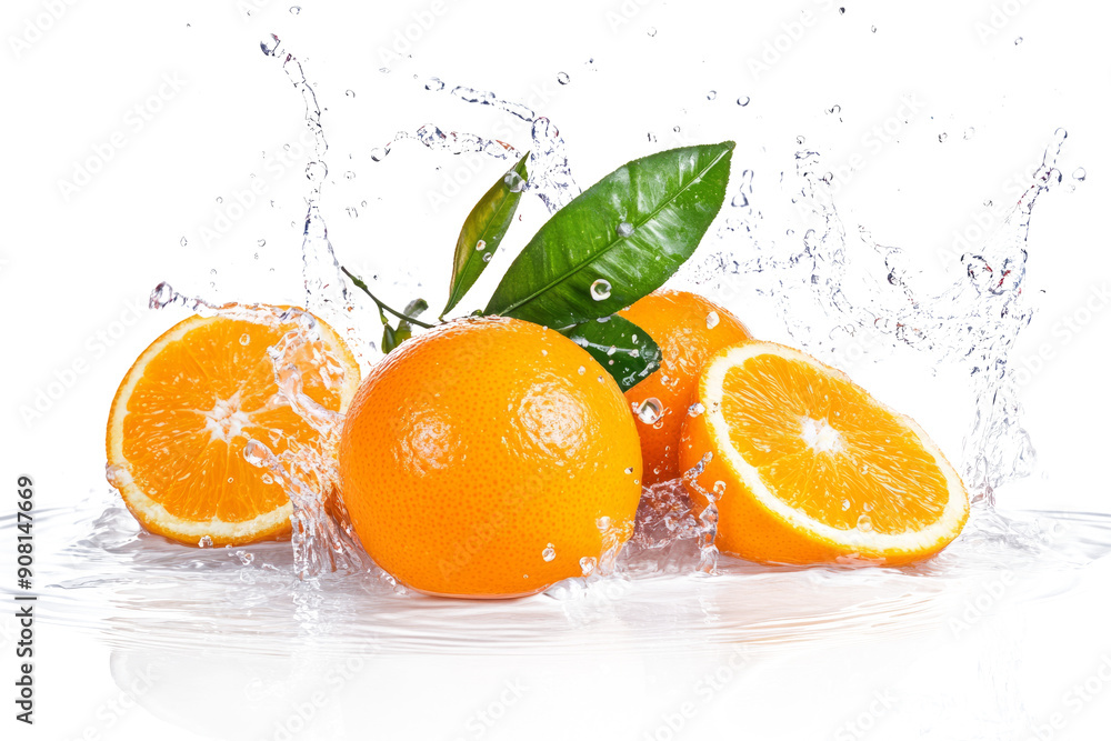 Fresh Oranges Splashing in Water