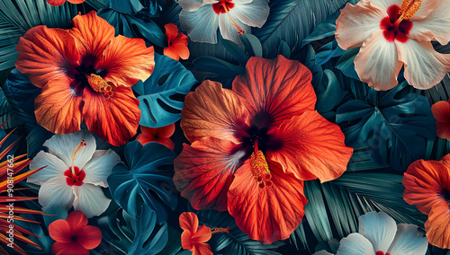 Wallpaper Mural A vibrant and colorful pattern featuring hibiscus flowers in shades of red, orange, white, and blue, set against an intricate background with palm leaves., focus on face , ultra realistic, style... Torontodigital.ca