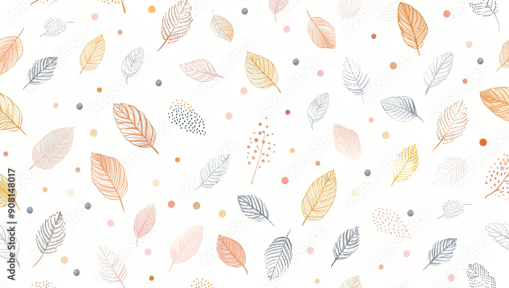 A seamless pattern of small doodle leaves and dots in pastel colors, arranged to form an autumnal background design on white. The leaves should have various shapes and sizes with subtle textures... A seamless pattern of small doodle leaves and dots in pastel colors, arranged to form an autumnal background design on white. The leaves should have various shapes and sizes with subtle textures...