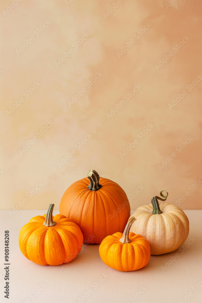 A clean composition of three small pumpkins of varying sizes and shades of orange, arranged neatly on a plain, light background. A clean composition of three small pumpkins of varying sizes and shades of orange, arranged neatly on a plain, light background.