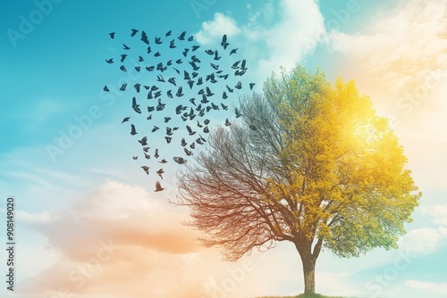 A Beautiful Tree with Birds Forming a Heart Shape Amidst a Colorful and Vibrant Sky. A beautifully unique tree design where various colorful birds intricately form a heart shape against a vibrant sky