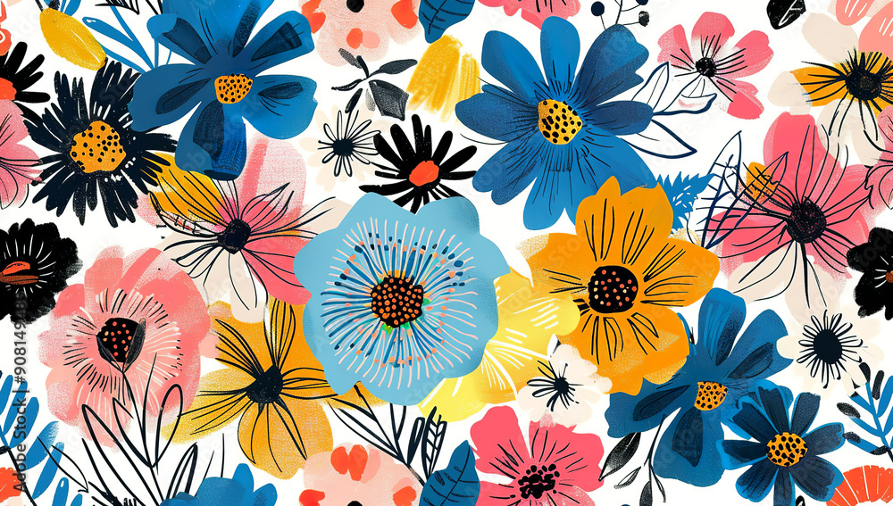 A hand-drawn illustration of an array of flowers in various colors, including blue and orange accents, set against a white background with boho-inspired patterns. The design incorporates bright... A hand-drawn illustration of an array of flowers in various colors, including blue and orange accents, set against a white background with boho-inspired patterns. The design incorporates bright...