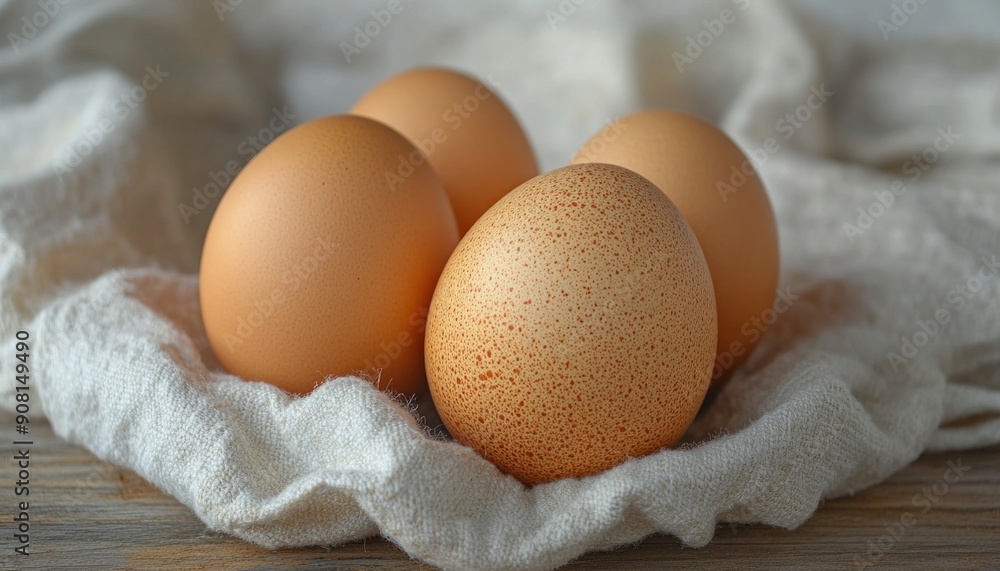 Three brown eggs are carefully placed on a soft, white towel that rests upon a wooden table Three brown eggs are carefully placed on a soft, white towel that rests upon a wooden table