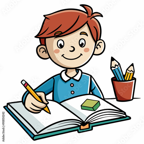 A boy writing in a notebook. school, learn vector