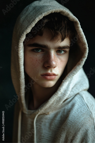 a young man with translucent skin, muscles visible under the skin, eerie, wearing a hooded sweatshirt with the hood pulled up, brooding