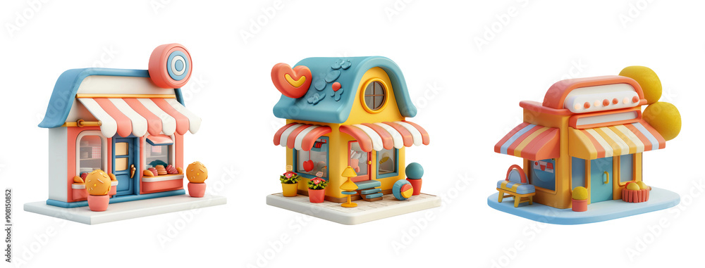 Set of 3d realistic store Isolated on Transparent Background Set of 3d realistic store Isolated on Transparent Background