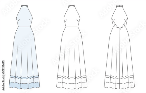 womens girls halter neck dress sketch, ladies maxi lenght summer  dress mock up, womens dress vector front and back editable technical drawings