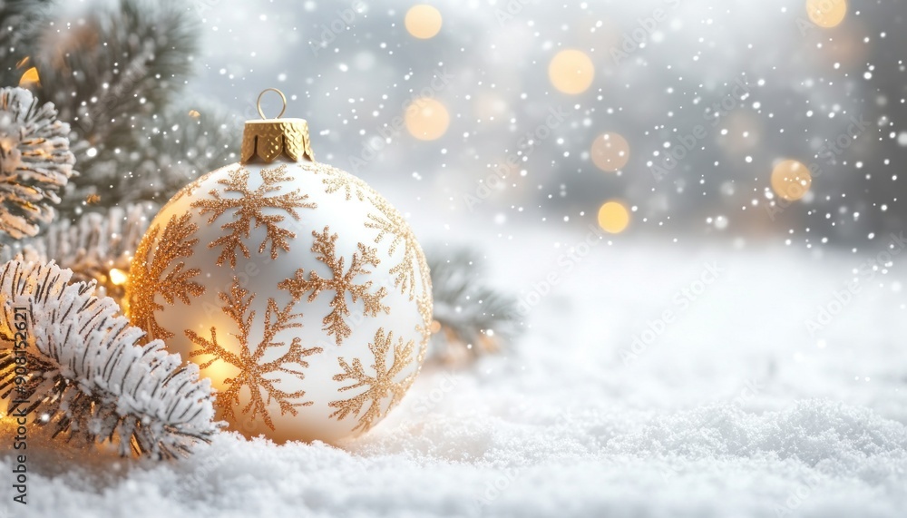 A crafted Christmas ornament sits in the snow with a festive tree in the background A crafted Christmas ornament sits in the snow with a festive tree in the background