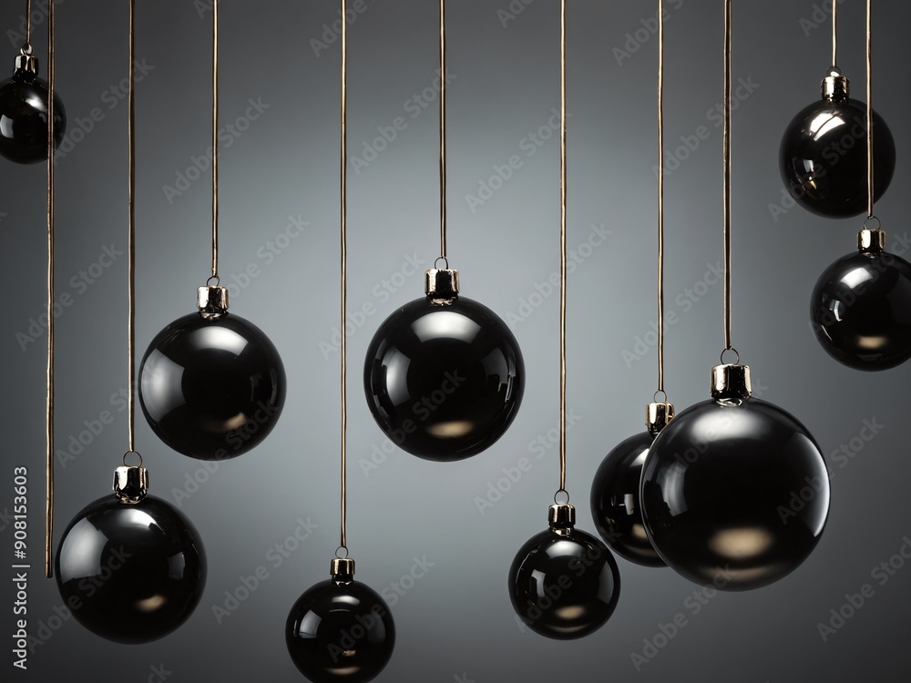 Hanging black Christmas ornaments displayed against a soft gray background in elegant arrangement Hanging black Christmas ornaments displayed against a soft gray background in elegant arrangement