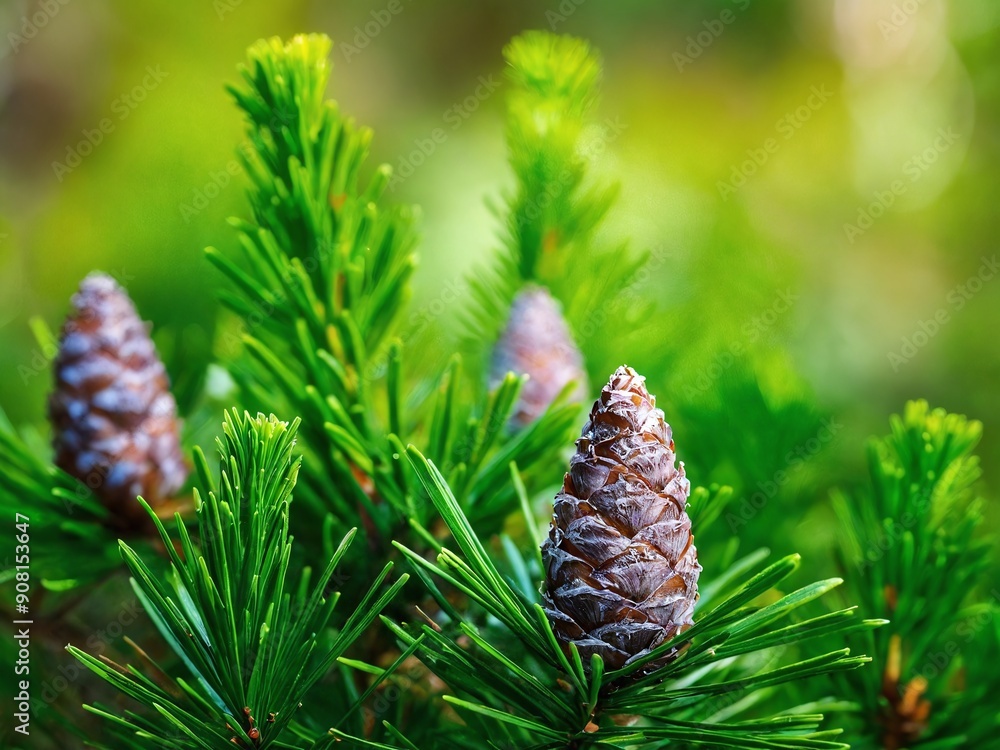 Close-up shot of pine cones among lush green pine needles in natural forest during daylight Close-up shot of pine cones among lush green pine needles in natural forest during daylight