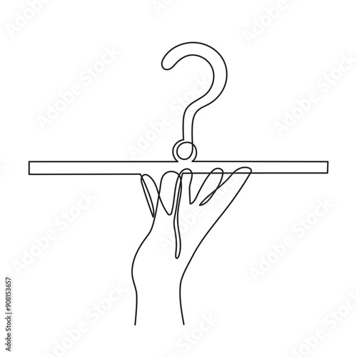 Hand holds question mark one line art, hand drawn asking sign, idea continuous contour. Query FAQ concept, finding answer. Editable stroke. Isolated. Vector illustration