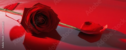 Beautiful red rose lies elegantly on shiny surface with reflection at sunset photo