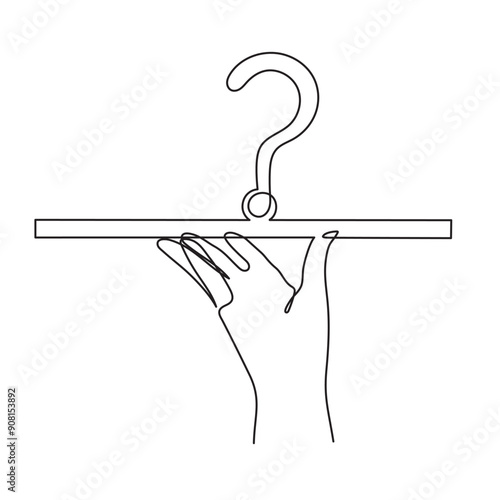 Hand holds question mark one line art, hand drawn asking sign, idea continuous contour. Query FAQ concept, finding answer. Editable stroke. Isolated. Vector illustration