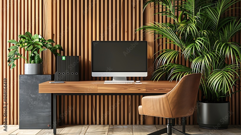 Interior of modern office with wooden walls, wooden floor and comfortable brown bookcase with folders. Interior of modern office with wooden walls, wooden floor and comfortable brown bookcase with folders.