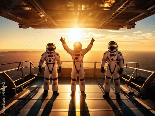 Three astronauts celebrating a successful mission at sunrise on a space launch platform photo