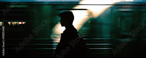 Silhouette of a young man waiting on a subway platform during rush hour photo