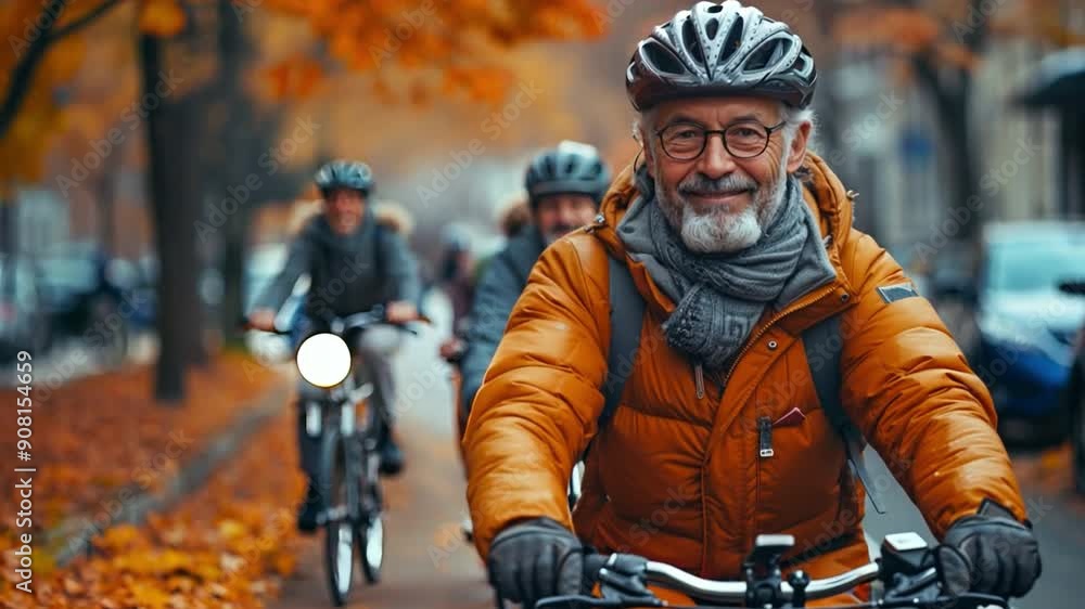 After a demanding workday, middle-aged city commuters ride their bikes home from work. After a demanding workday, middle-aged city commuters ride their bikes home from work.