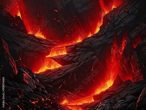 Erupting lava flow cascading through jagged rocks in a volcanic landscape at dusk