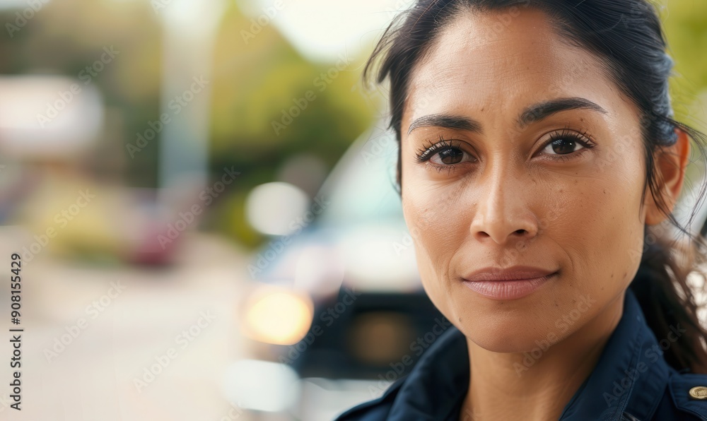 Obraz premium Hispanic female police officer in uniform, smiling confidently. Free copy space for text.
