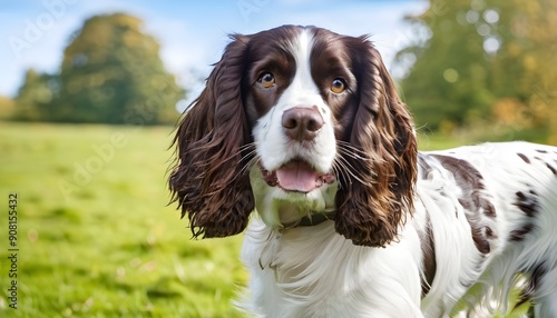 A view of a Springer Spaniel on a plain background