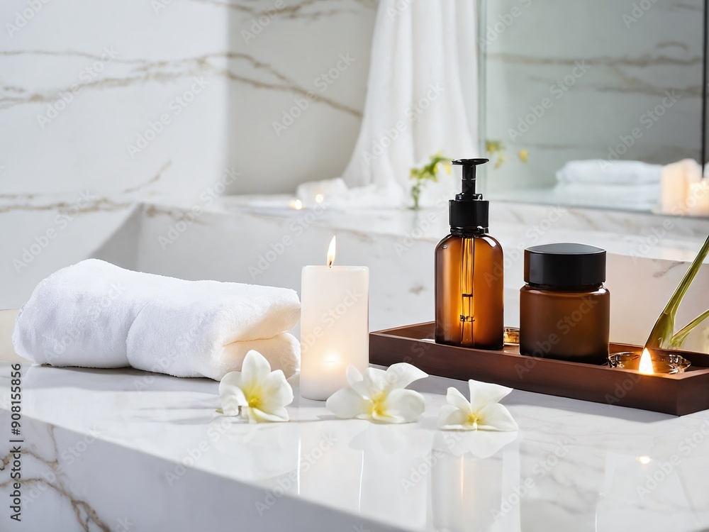 Luxurious spa setting with relaxing candlelight and aromatherapy products on marble countertop