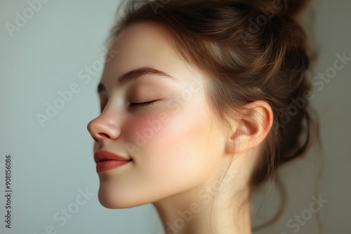 A close up of a girl's face with her eyes closed