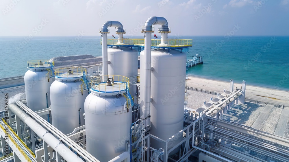 Aerial view of an industrial plant with large tanks and pipes, located on a coastline. Aerial view of an industrial plant with large tanks and pipes, located on a coastline.