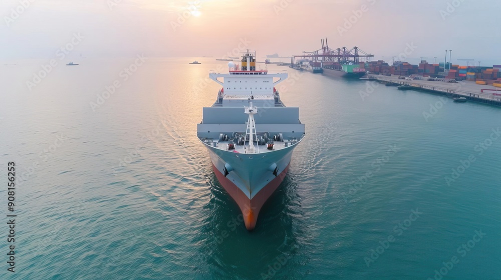 Naklejka premium Large cargo ship entering harbor at sunset.