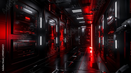 Fototapeta Naklejka Na Ścianę i Meble -  Futuristic red-lit corridor with high-tech panels.