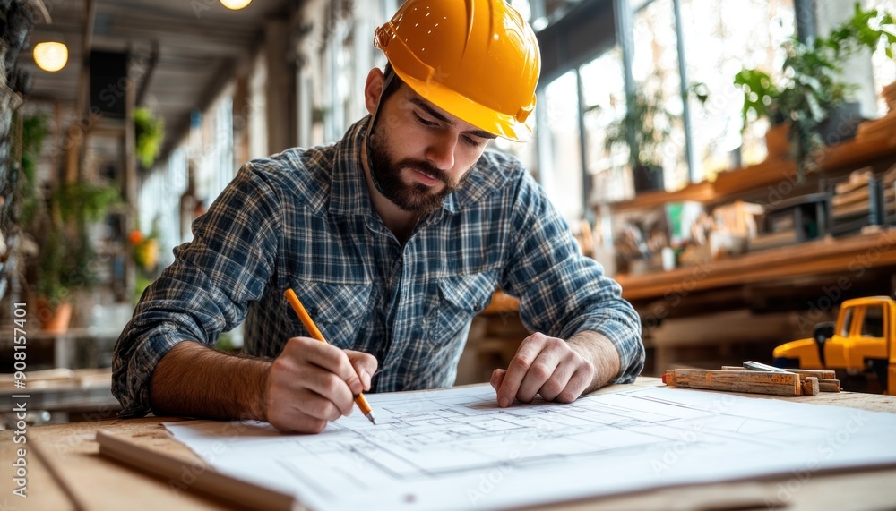 A man, dressed in a safety hard hat, is seated at a table while writing on a sheet of paper A man, dressed in a safety hard hat, is seated at a table while writing on a sheet of paper