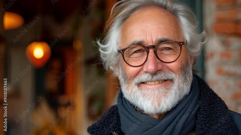 An image of an elderly man grinning while standing in front of an open door An image of an elderly man grinning while standing in front of an open door