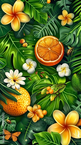 Vibrant tropical foliage with citrus fruits, flowers, and insects.