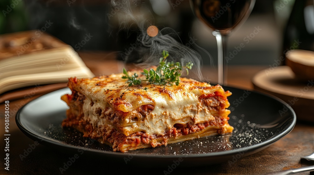 Steaming Lasagna Bolognese with Red Wine on White Plate Steaming Lasagna Bolognese with Red Wine on White Plate