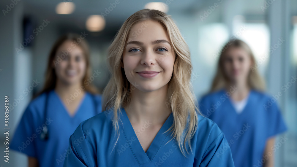 Female student nurses in blue scrubs smiling at the camera, standing side by side with one looking directly into frame and two behind. Female student nurses in blue scrubs smiling at the camera, standing side by side with one looking directly into frame and two behind.