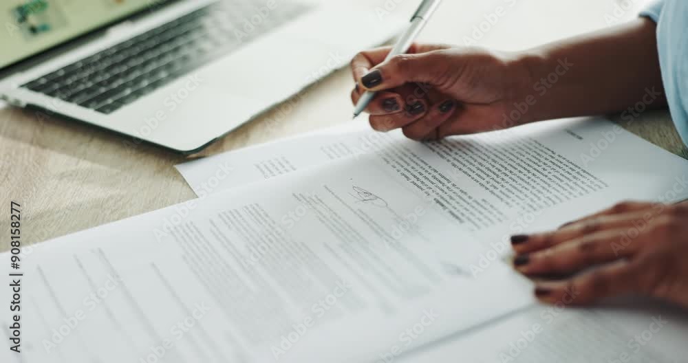Pen, contract and hands of woman with signature in office for deal, legal documents or title deed. Paperwork, agreement and businesswoman with registration, sign up or application for insurance loan