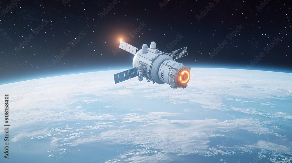 A spacecraft orbits Earth, with a powerful engine firing to adjust its trajectory. A spacecraft orbits Earth, with a powerful engine firing to adjust its trajectory.