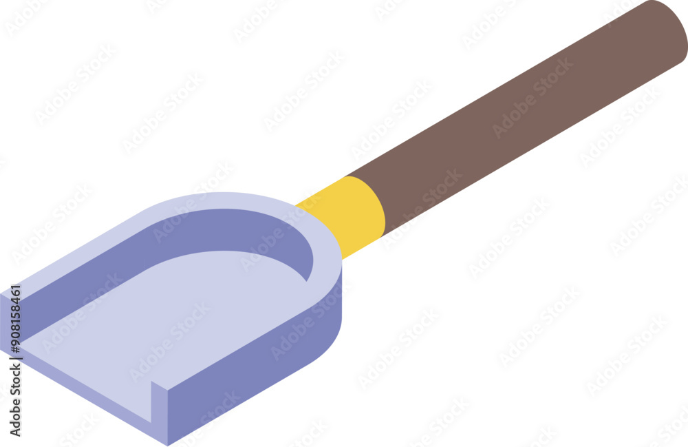 Small hand shovel with wooden handle is lying on white background, isometric view