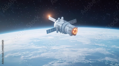 Fototapeta Naklejka Na Ścianę i Meble -  A spacecraft orbits Earth, with a powerful engine firing to adjust its trajectory.