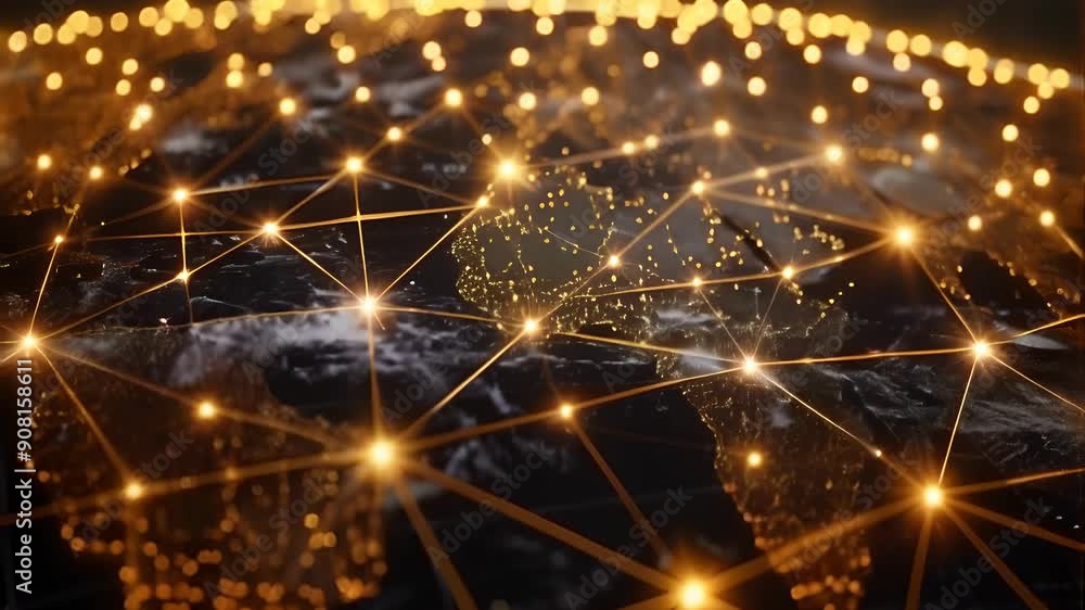Video of digital representation of global network with glowing orange ...