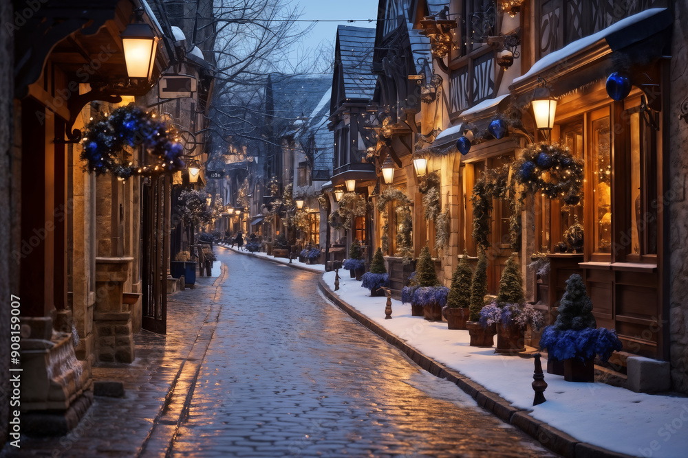 Fototapeta premium a city street on a winter night, snow covered houses and trees, the light of lanterns, facades of houses decorated for Christmas or New Year, festive environment